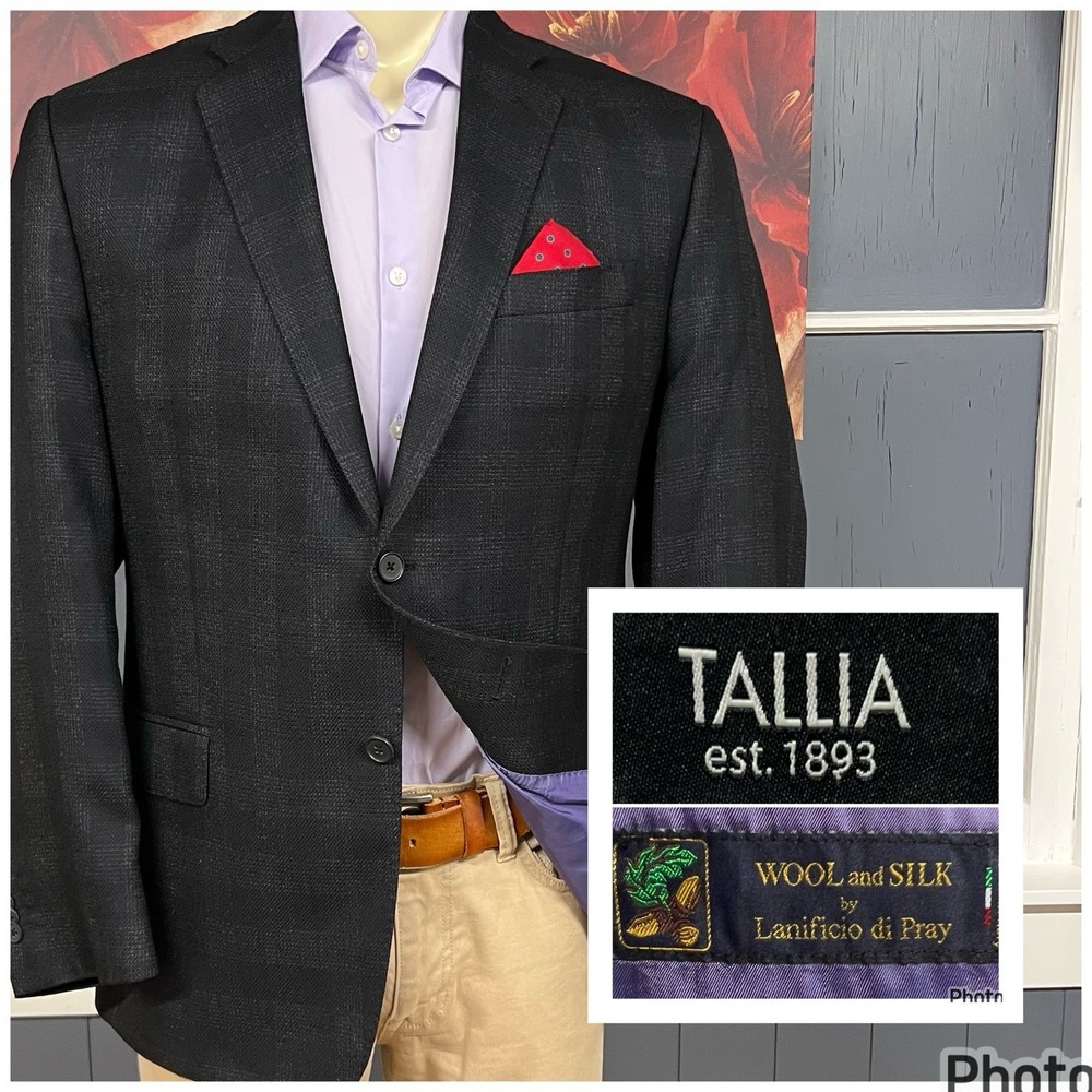 Tallia Hopsack Blazer Jacket Sport Coat Mens 42R Wool Silk Black Plaid